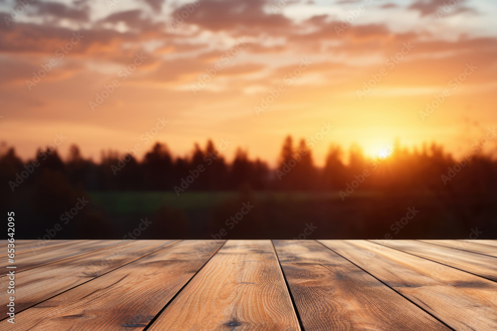 Wooden table against a background of blurred forest at sunset