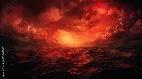 The surface and the island of red water scenery. Sky with clouds. Bloody sunset background with copy space for design. War, apocalypse, armageddon, nightmare, halloween, evil, horror concept. © Ziyan Yang