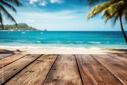 Empty wooden table with blur tropical beach on background