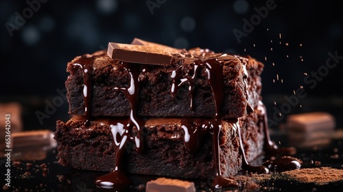 Close-Up Side View of Moist Dark Chocolate Brownies Dessert, A Tempting Homemade Delight with Decadent Fudgy Texture, Set Against a Rich and Dark Background, moist food background 
