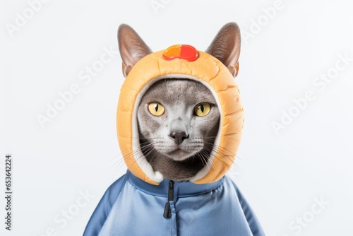 korat cat wearing a hot dog costume against a pearl white background photo