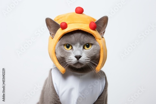 korat cat wearing a hot dog costume against a pearl white background photo