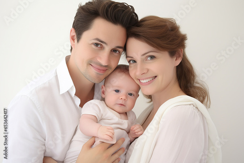 Studio portrait of beautiful parents with infant baby holding on hands on different colours background