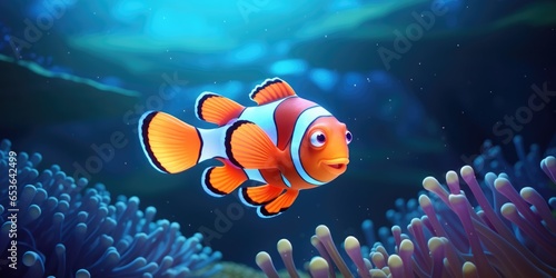 A Clown Anemonefish Swimming In The Sea Presented As A 3D Rendering Showcasing The Beauty Of Marine Life . Сoncept Marine Life A D Rendering, The Clown Anemonefish Beauty In The Sea
