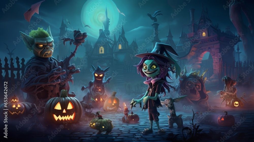 animated monster party with vampire werewolf and zombie on Halloween animated monster party with vampire werewolf and zombie on Halloween