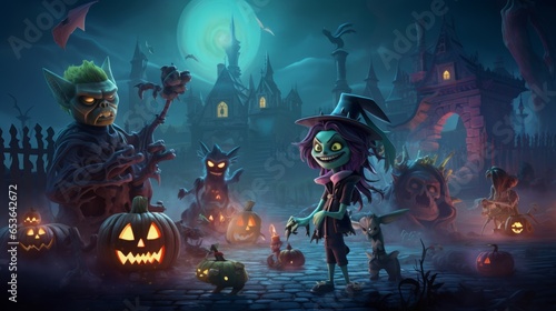 animated monster party with vampire werewolf and zombie on Halloween