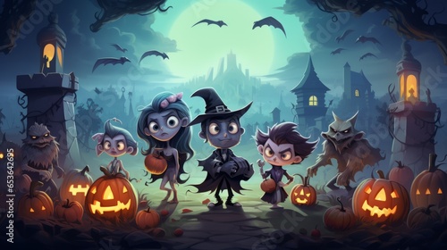 animated monster party with vampire werewolf and zombie on Halloween