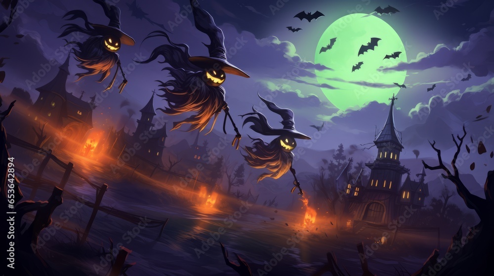 Witches flying on broom infront of a large swamp village on halloween