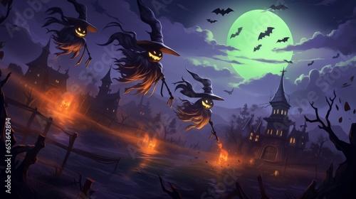 Witches flying on broom infront of a large swamp village on halloween