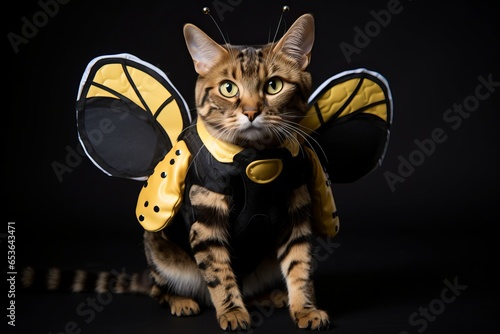 singapura cat wearing a bumblebee wings harness against a metallic silver background photo