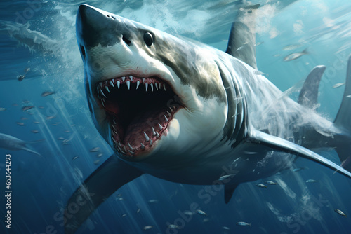 an adult great shark with a large mouth and many sharp teeth underwater, swimming on the hunt, fictional place and shark species photo