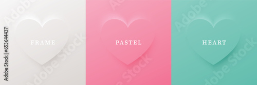 Set of abstract 3D heart, different color 3D heart shape frame design. Collection of geometric backdrop for cosmetic product display. Top view. Vector illustration