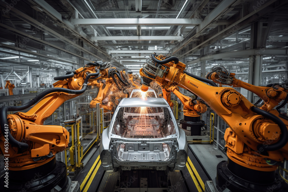 autonomous robot factory produces vehicles cars bodies in a big hall on long production line - obrazy, fototapety, plakaty 