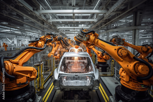 autonomous robot factory produces vehicles cars bodies in a big hall on long production line photo