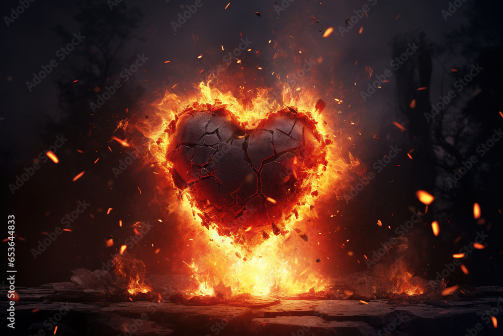Broken Heart in Fire valentines Sadness - obrazy, fototapety, plakaty 