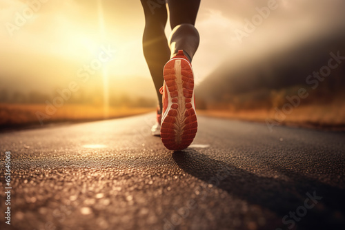 Close up on shoe, Runner athlete feet running on road under sunlight in the morning photo