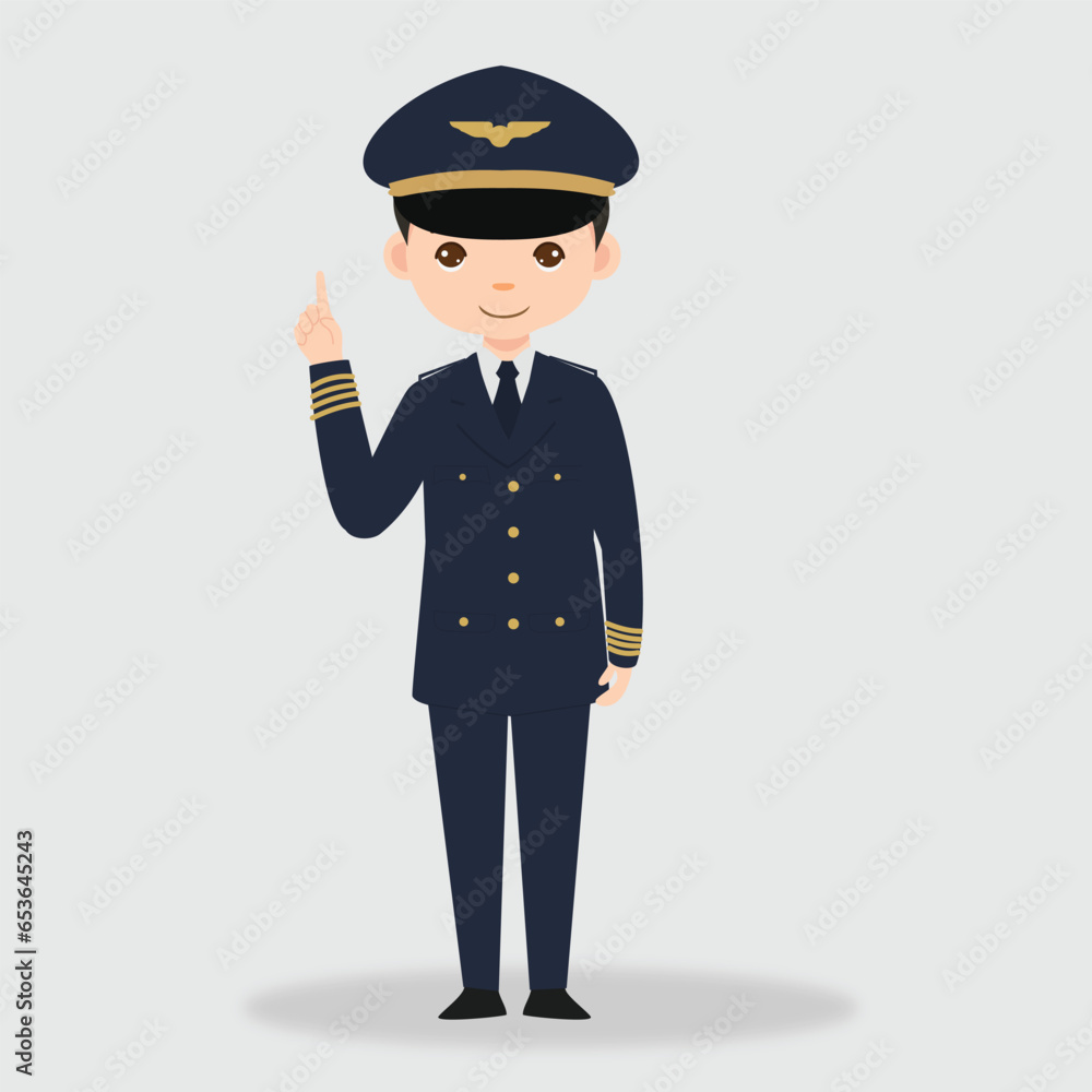 Pilot Officer cartoon character with Uniform. Professional Plane pilot character. Pilot Officer cartoon character with Uniform. Professional Plane pilot character.
