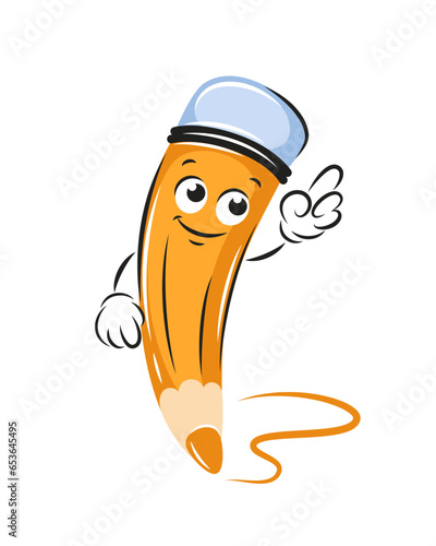Cartoon pencil pointing with his finger, smiles. Knowledge and education concept. Vector illustration for children design or school.