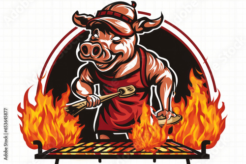 vector image of scartoon pig chef bbq grill cooking