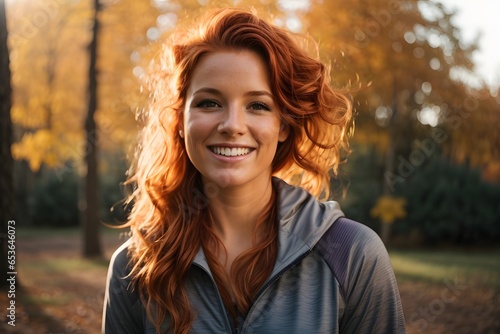 Happy sports redhead woman warming up for a morning workout outdoors in autumn sunflares in the background. Image created using artificial intelligence.