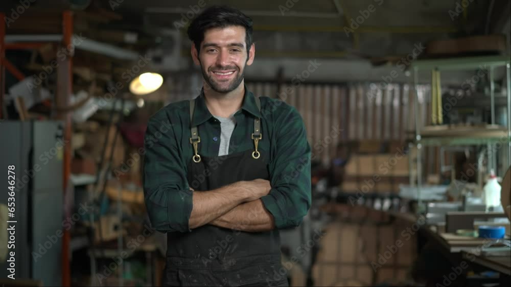 Portrait of a young handsome carpenter wearing a plaid shirt and apron, smiling in his workshop. Portrait of a young handsome carpenter wearing a plaid shirt and apron, smiling in his workshop.