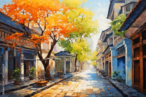 This canvas painting beautifully captures an old town street in watercolors, depicting the enchanting autumn scenery. Enjoy the artistry of this work that showcases the beauty Generative AI