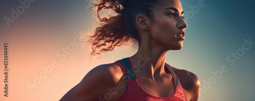 A Confident Female Athlete Stands Ready For A Thrilling Run Radiating Determination . Сoncept Fearless Endurance, Breaking Boundaries, Athletic Confidence, Taking The Lead photo
