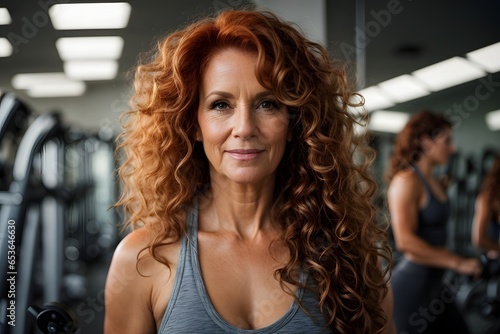 Wide shot of Attractive fit woman standing in fitness gym. Image created using artificial intelligence.