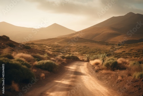 A desolate dirt road winding through the barren desert landscape