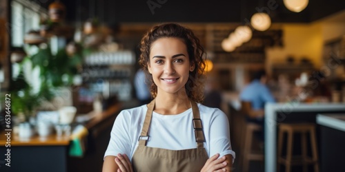 A Female Owner Of A Local Business In A Coffee Shop Representing Small Businesses And Entrepreneurship . Сoncept Female Entrepreneurship, Coffee Shop Ownership, Local Businesses photo