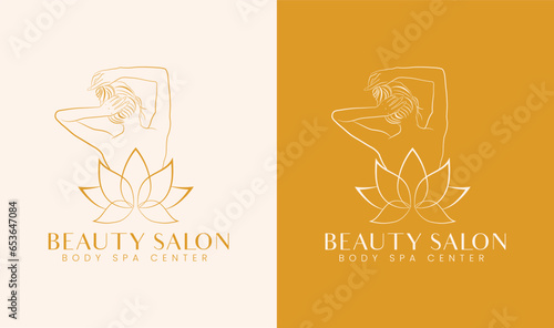 hand-drawn liner style female back side body with botanical flower logo template, vector illustration for beauty cosmetics, spa, salon, skincare 