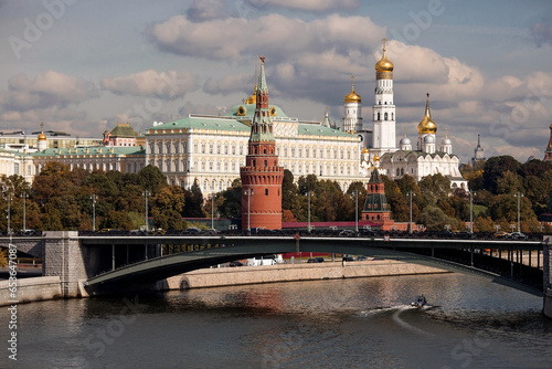 MOSCOW, RUSSIA - SEPTEMBER 26, 2023: View of Moscow on an autumn day. The capital of Russia. The Grand Kremlin Palace. Kremlin embankment. The Moscow River. A popular tourist attraction.
