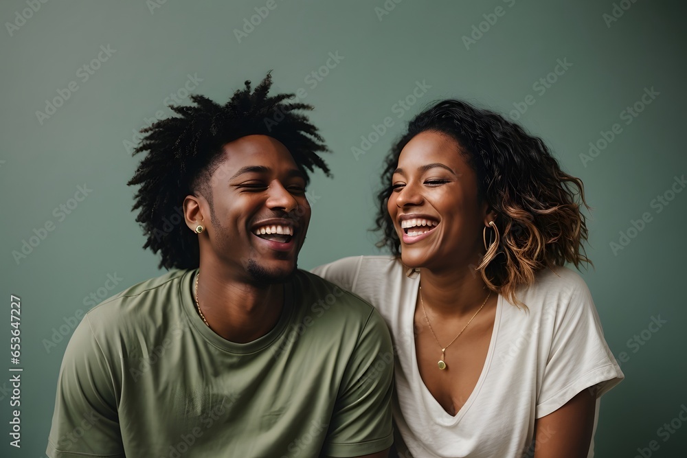 Fototapeta premium Two interracial best friends laughing and having a good time together in a studio with solid light green background. Generative Ai.
