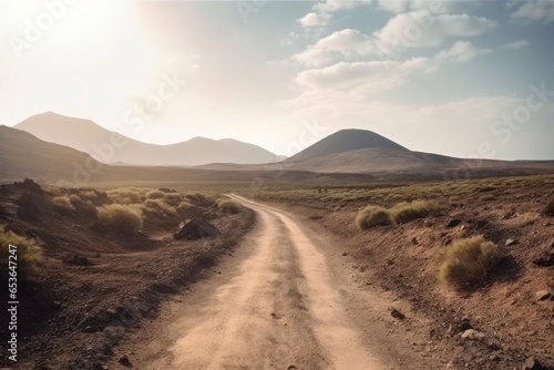 A scenic dirt road cutting through a barren desert landscape