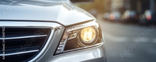 A Modern Silver Car Parked On The Road With A Closeup Focus On The Intricate Details Of Its Headlights . Сoncept Car Design, Modern Silver Cars, Intricate Headlight Details, Car Headlights