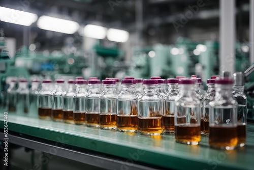 Medical vials on production line at pharmaceutical factory. Image created using artificial intelligence.