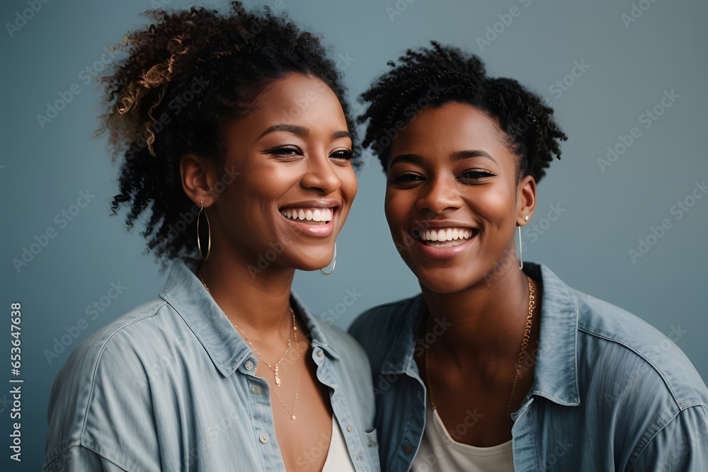 Two interracial best friends laughing and having a good time together in a studio with solid light blue background. Generative Ai. Two interracial best friends laughing and having a good time together in a studio with solid light blue background. Generative Ai.