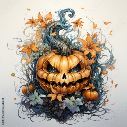 Halloween pumpkin and autumn leaves. Vector illustration for your design.