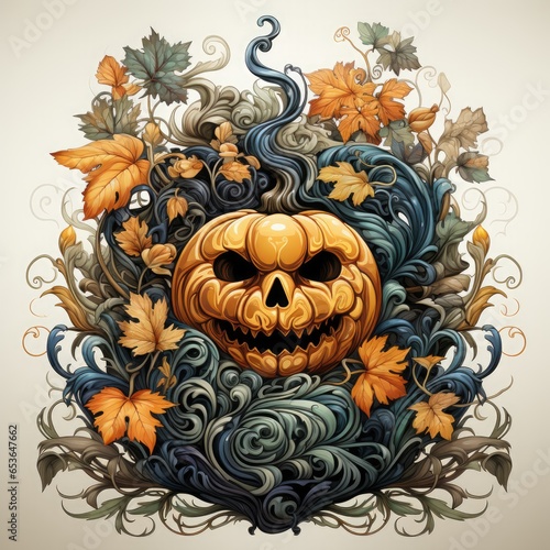 Halloween pumpkin with floral ornament. Vector illustration for your design.