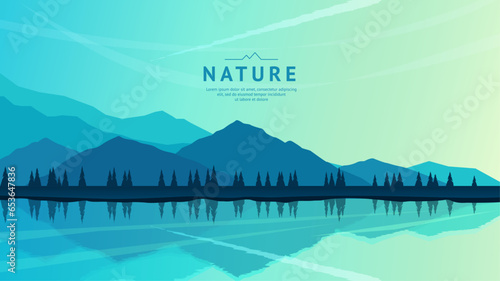 Colorful mountain landscape with mountains, lake and trees. Silhouettes of mountains are reflected in the water. Sunrise, bright clear sky. Concept of tourism, hiking. Vector illustration.