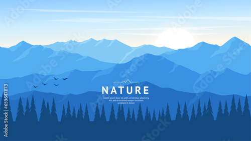 Sharp rocks and mountain ranges in the rays of the morning sun. Foggy landscape in blue colors. Design for banner, background, web page. Vector illustration.
