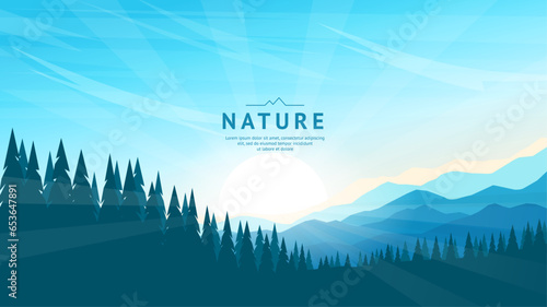 Mountainous terrain. Gentle hills in the distance and silhouettes of fir trees in the foreground. Sunrise, blue sky. Vector illustration for background, web page, wallpaper, banner. © i_mARTy