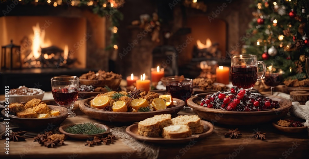 thanks giving Christmas feast, served on a table t with fireplace with Christmas decorations