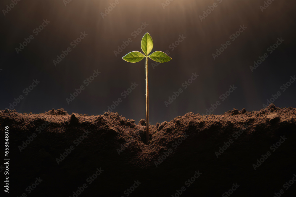 Green seedling in the shape of a cross in a fertile soil with rays of light illustrating concept of new life and growth - obrazy, fototapety, plakaty 