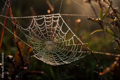 Backlit dew drops on a spider web in the morning