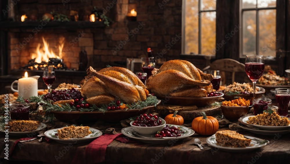 A cozy Thanksgiving dinner with a rustic twist - a table set with mismatched vintage plates, a crackling fire in the background, and a hearty meal of roasted turkey, cranberry sauce, and pumpkin