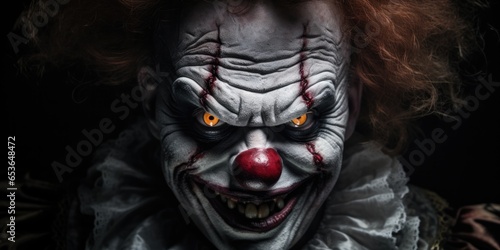 A Scary Clown On A Dark Background Emphasizing The Eerie And Sinister Side Of Clowns . Сoncept Scary Clowns, Dark Backgrounds, Eerie Clowns, Sinister Clowns