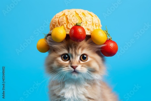 laperm cat wearing a fruit hat against a cerulean blue background photo