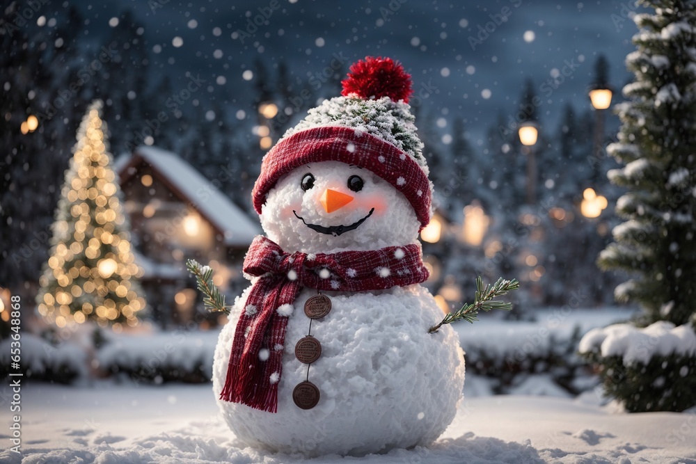As the snow falls gently around him, a jolly snowman comes to life in a magical winter scene, complete with sparkling pine trees and twinkling lights