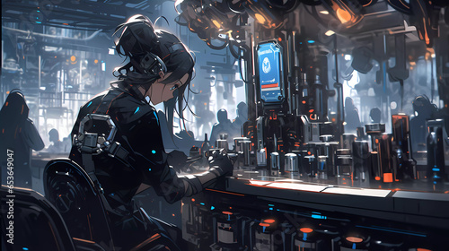 Beautiful Young Brunette Woman Bartender Working at the Bar. Cyberpunk style illustration.